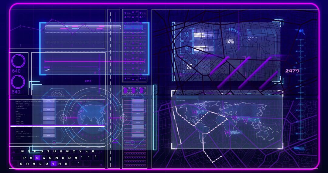 Futuristic Digital Interface with Global Maps and Data Analysis