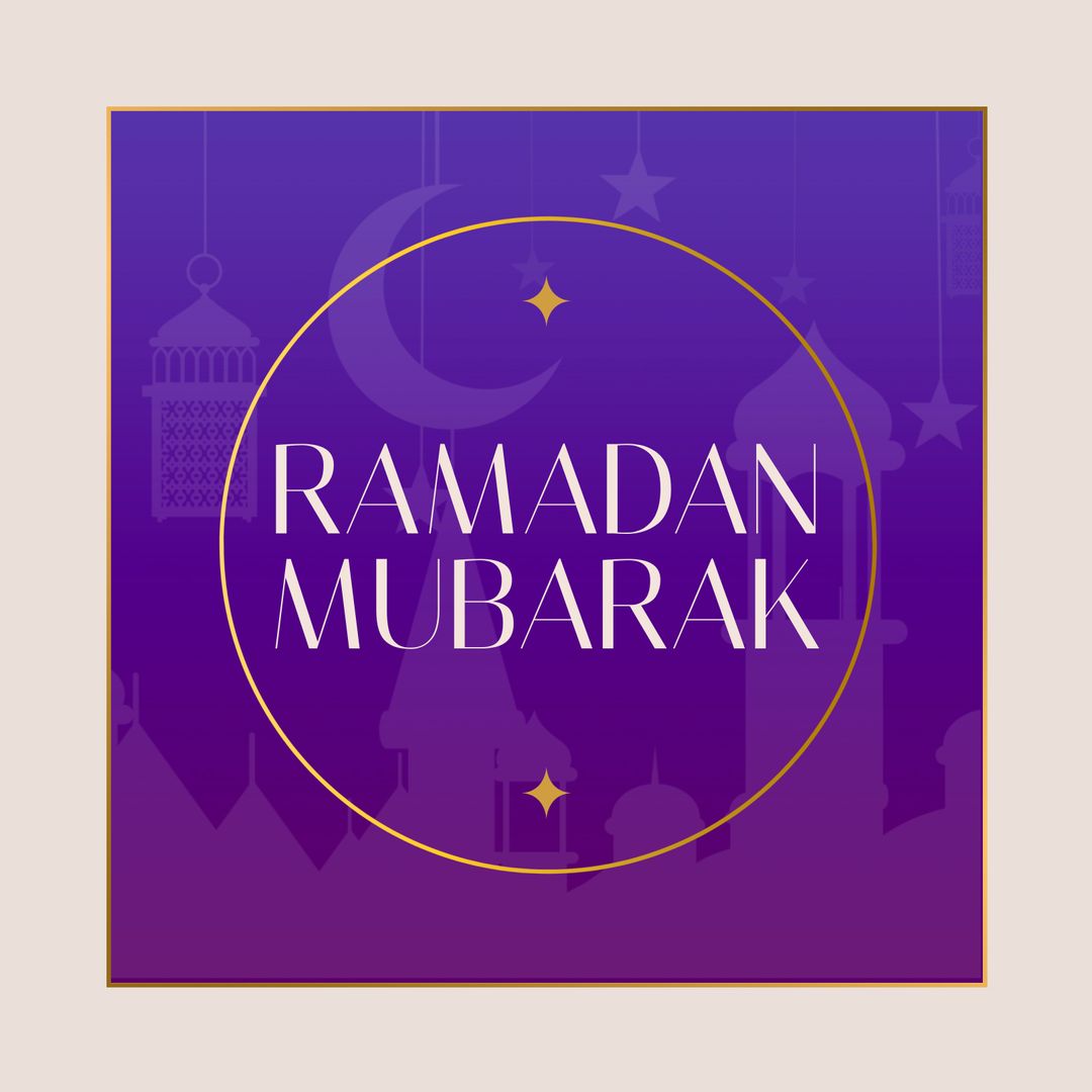 Elegant Ramadan Mubarak Greeting with Crescent Moon and Mosque Silhouettes