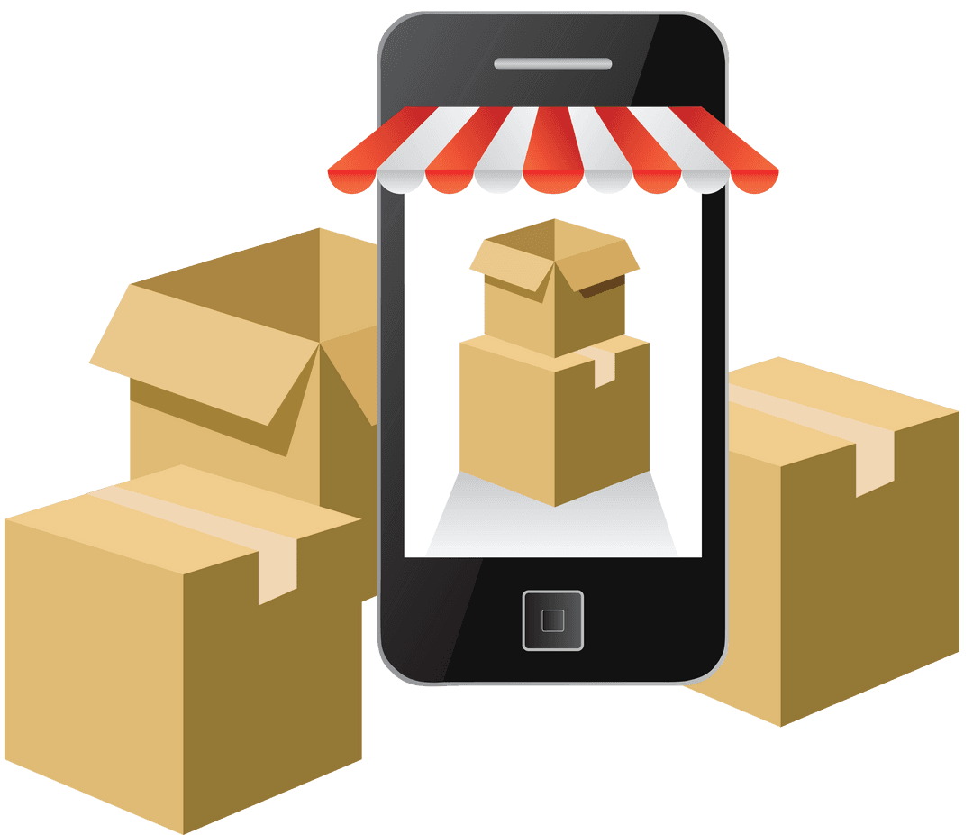 Smartphone and Cardboard Boxes on Transparent Background
