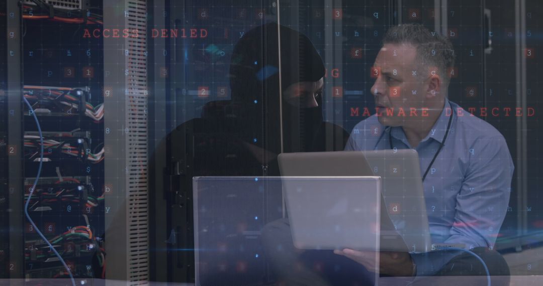 Hacker and Technician Against Cyber Attack Warning in Server Room