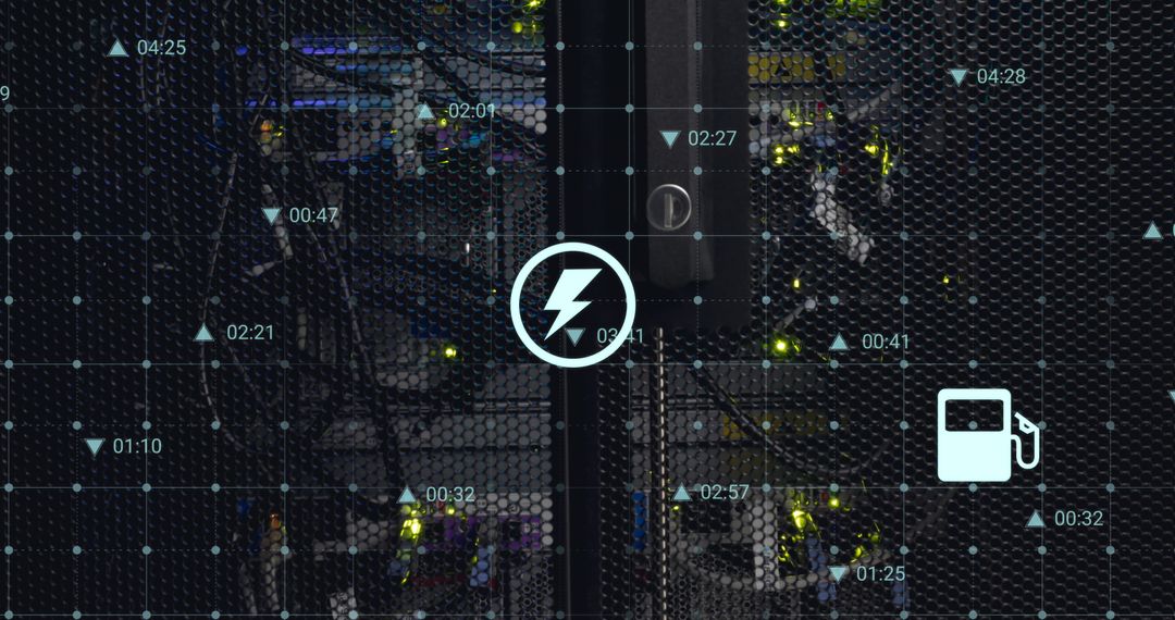 Data Processing Icons on Computer Server Network with Energy Symbols