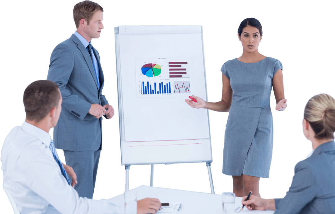 Business Team Engaged in Statistics Presentation with Transparent Background