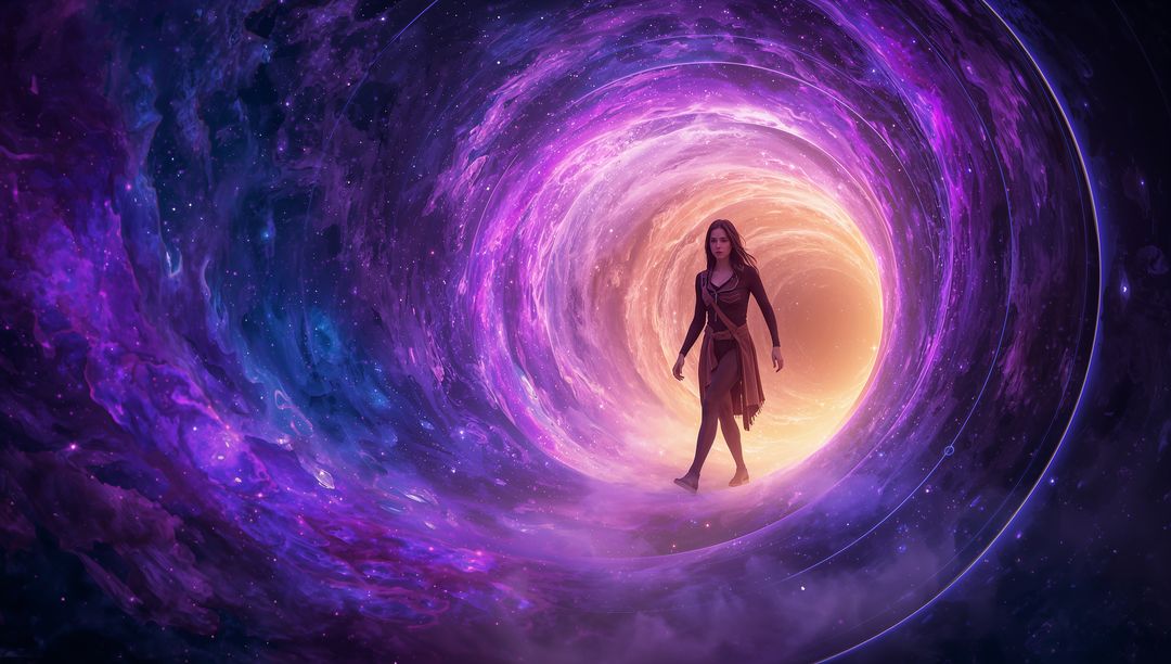 Woman Entering Cosmic Vortex in Mystical Exploration