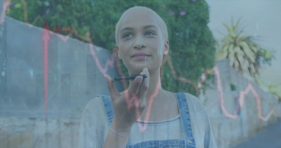 Young Woman Engaged in Smartphone Voice Interaction with Digital Data Overlay