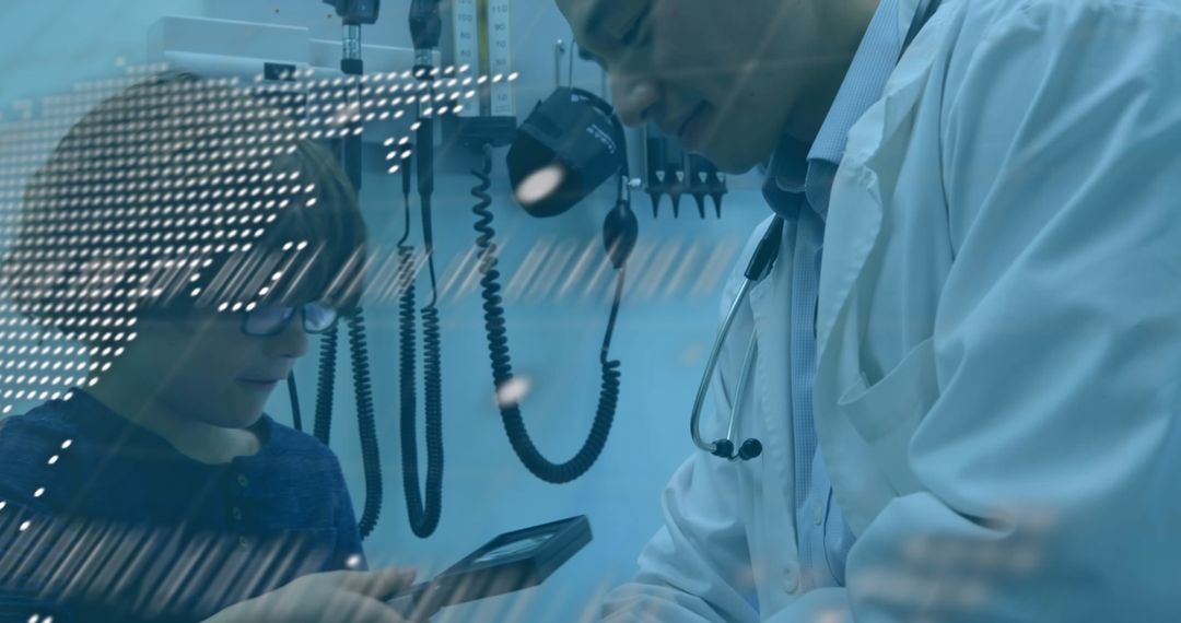 Doctor Teaching Child with Digital Overlay in Medical Room