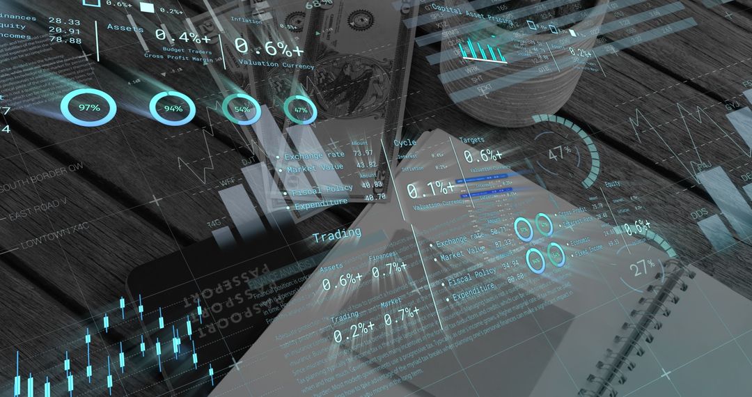 Digital Finance Overlay on US Dollars and Notebook