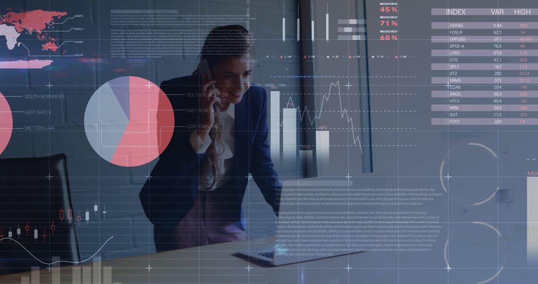 Businessman Analyzing Financial Data on Laptop with Digital Infographics