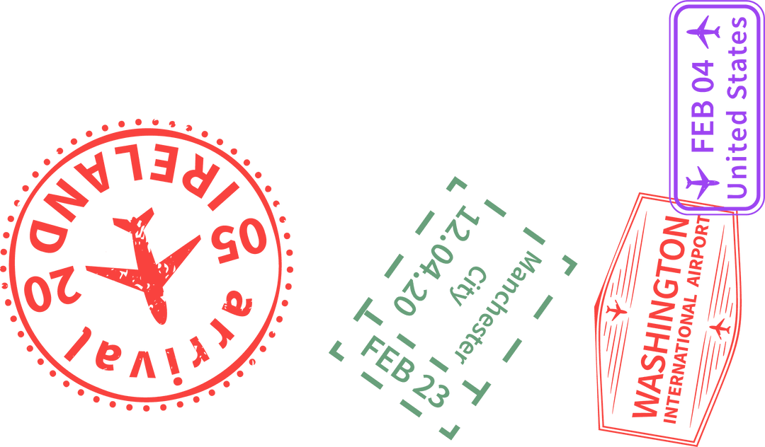 Minimalist Travel Stamps on Transparent Background with Airplane Icons