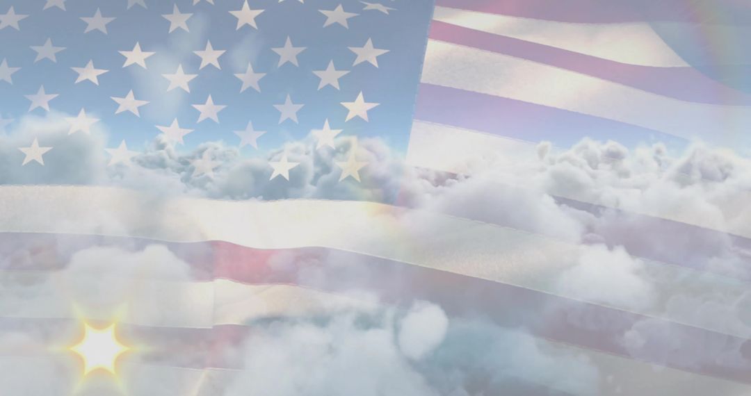 Transparent US Flag Overlay on Cloud-Filled Sky with Sunburst