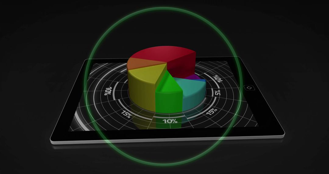 Futuristic Tablet Displaying 3D Pie Chart and Glowing Analytics