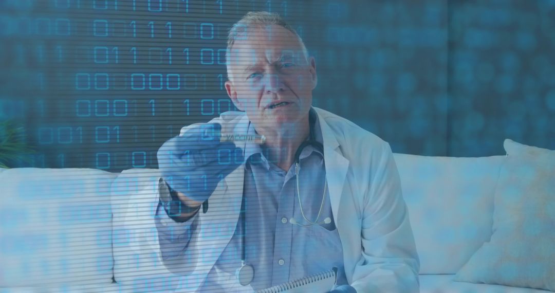 Senior Medical Professional Analyzing with Binary Code Overlay