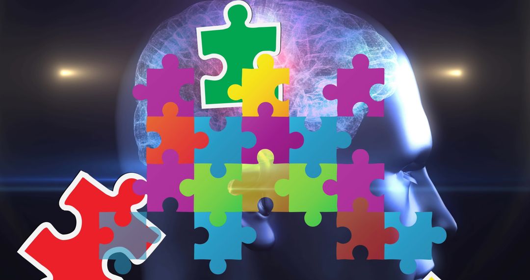 Colorful Puzzle Pieces Surrounding Human Head Illustrating Cognitive Challenges