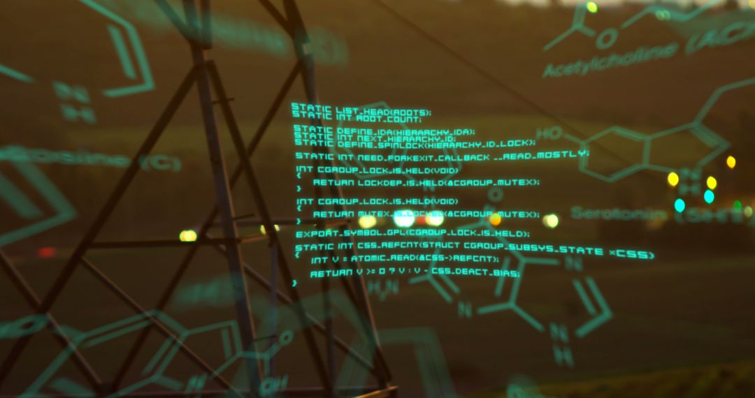 Futuristic Cyber Interface with Code Overlaid on Field Landscape