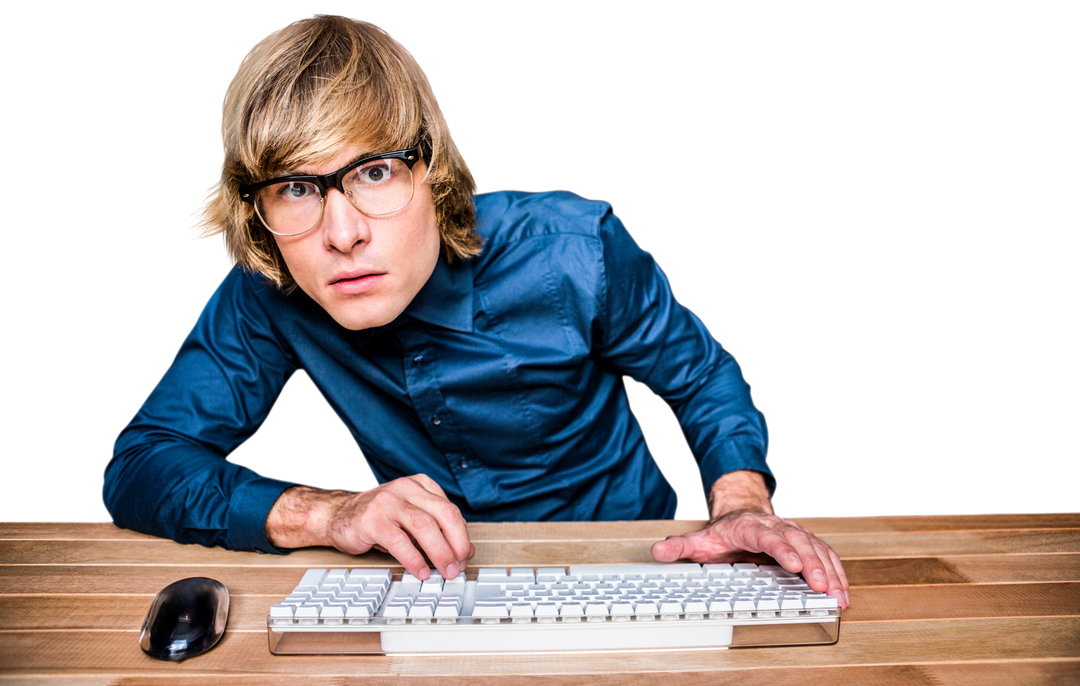 Transparent Hipster Businessman Looking Closely at Camera with Keyboard and Mouse - Download Free Stock Images Pikwizard.com