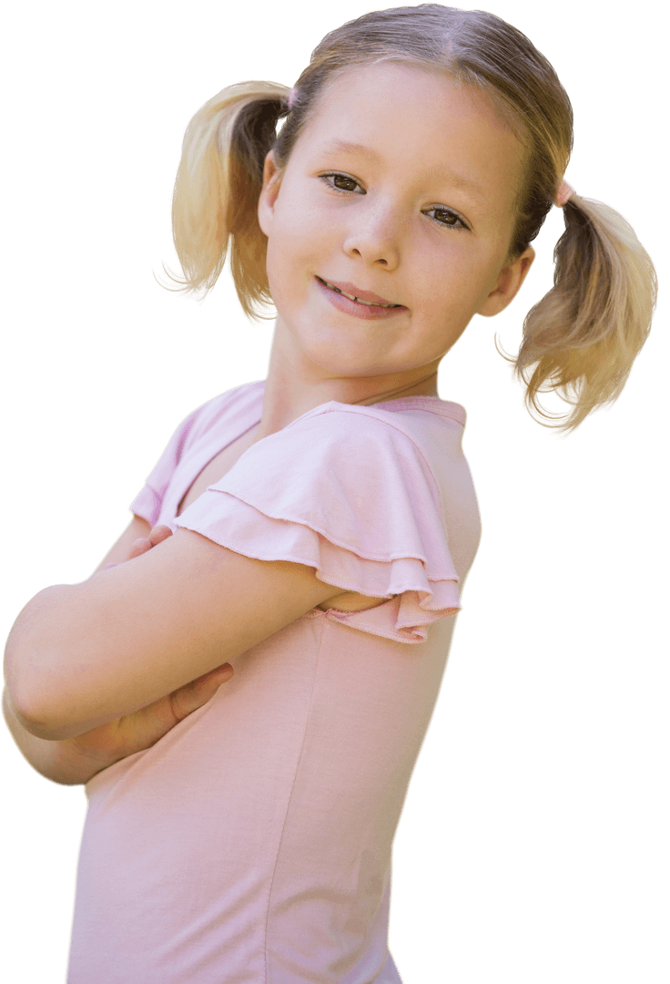 Transparent Background Smiling Girl with Pigtails in Pink Shirt