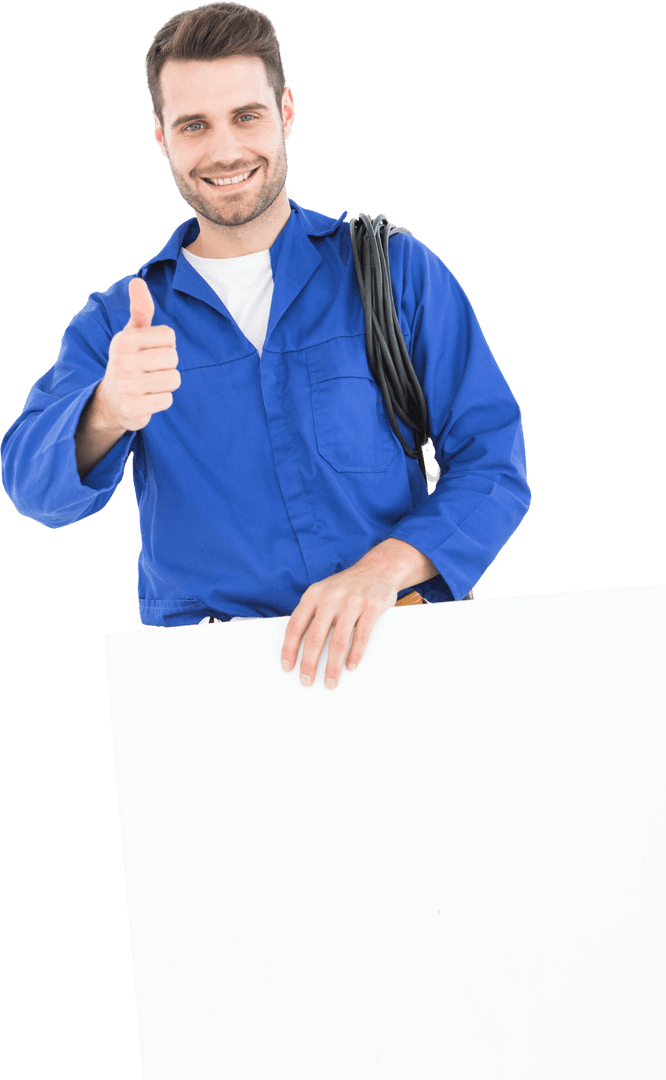 Happy Repairman With Transparent Blank Billboard Giving Thumbs Up