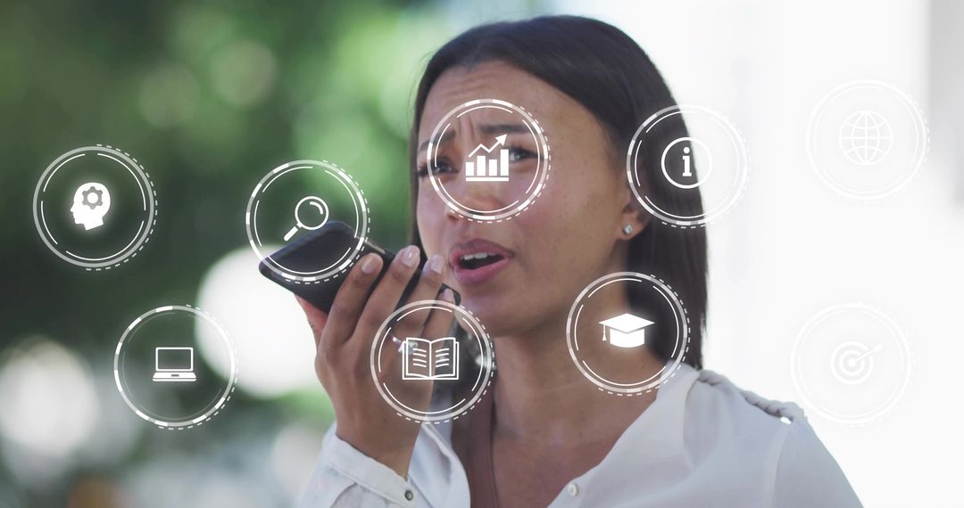Businesswoman Utilizing Voice Technology with Floating Data Icons Outdoors