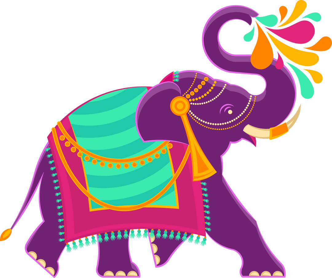 Whimsical Purple Elephant with Colorful Saddle on Transparent Background