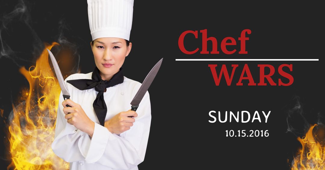 Determined Chef with Knives Promoting Culinary Competition