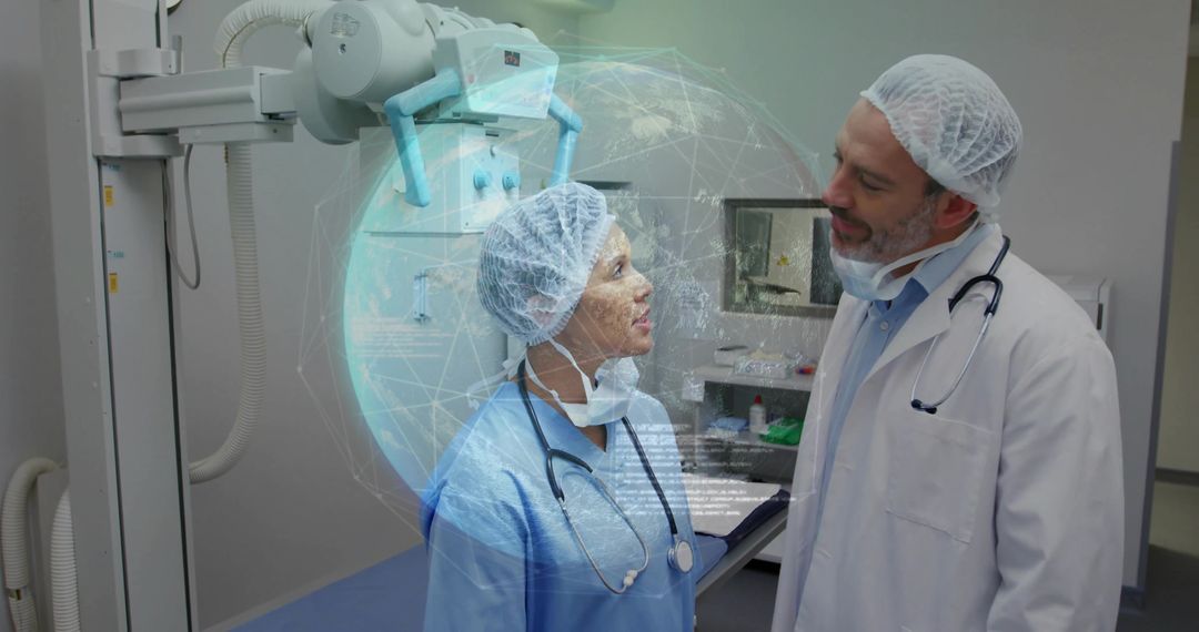 Doctors Analyzing Digital Globe Hologram in Radiology Room