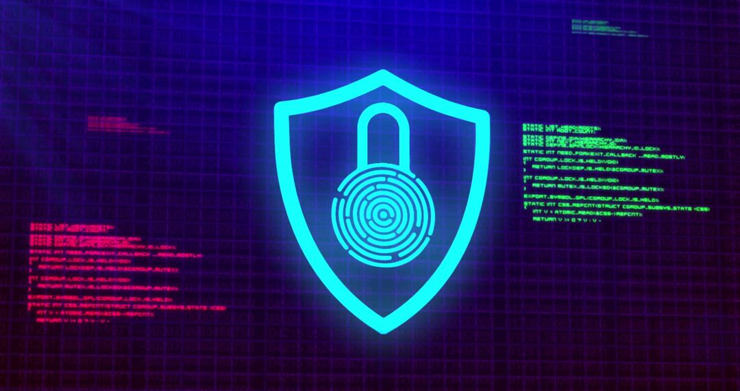Glowing Shield with Padlock Over Digital Data Matrix
