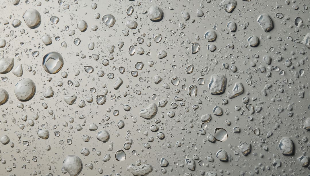 Water Droplets Beading on Smooth Gray Surface with Specular Highlights and Macro Texture