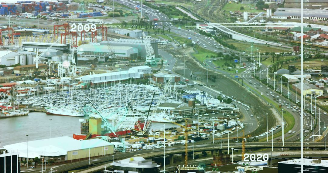 Digital Interface Overlay on Futuristic Cityscape with Data