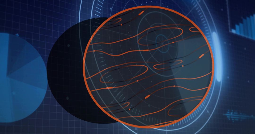 Holographic amber orb rotating over blue data grid with HUD rings and contour flow lines