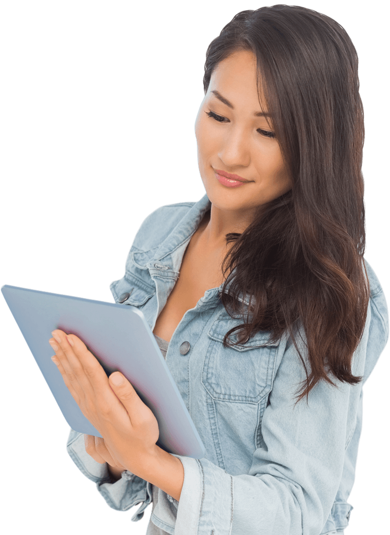 Asian Woman Using Tablet on Transparent Background for Tech Design