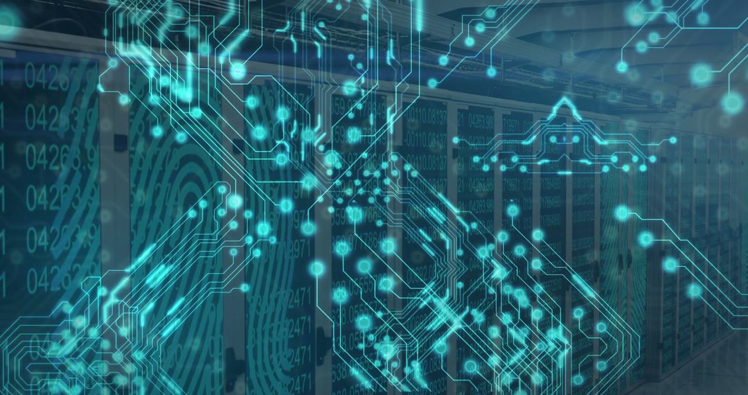 Futuristic Data Server Room with Digital Circuit Overlay