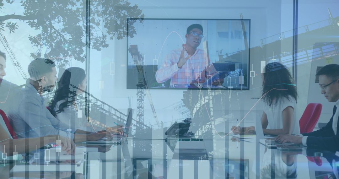 Diverse Business Team in Virtual Meeting with Digital Overlays