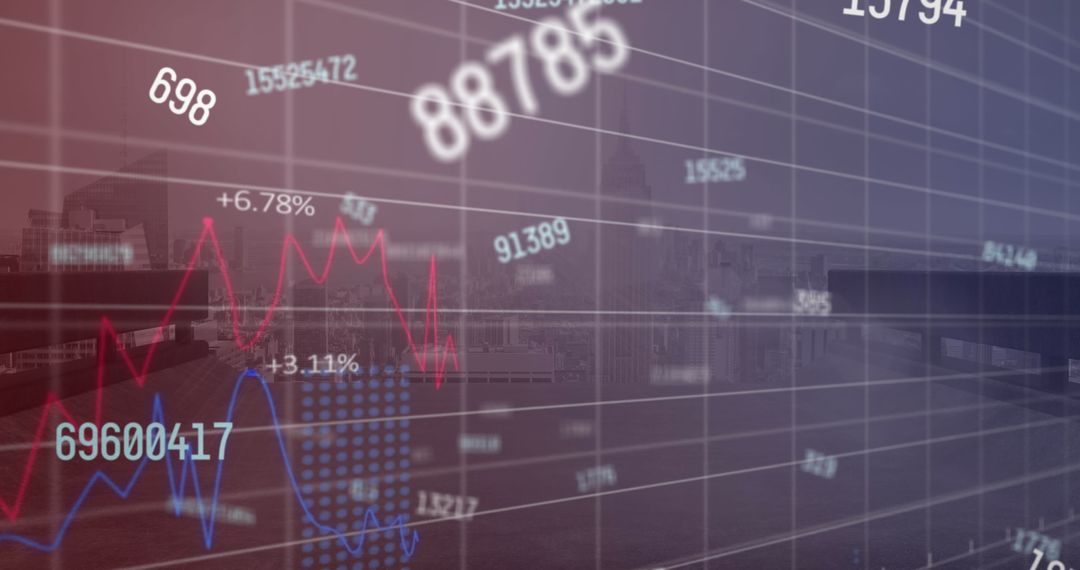 Dynamic Financial Statistics Overlay on Cityscape Background