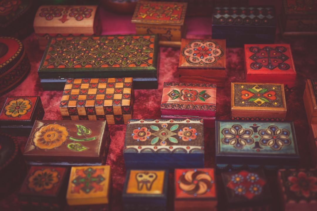Colorful Handcrafted Wooden Boxes with Intricate Designs - Free Images, Stock Photos and Pictures on Pikwizard.com