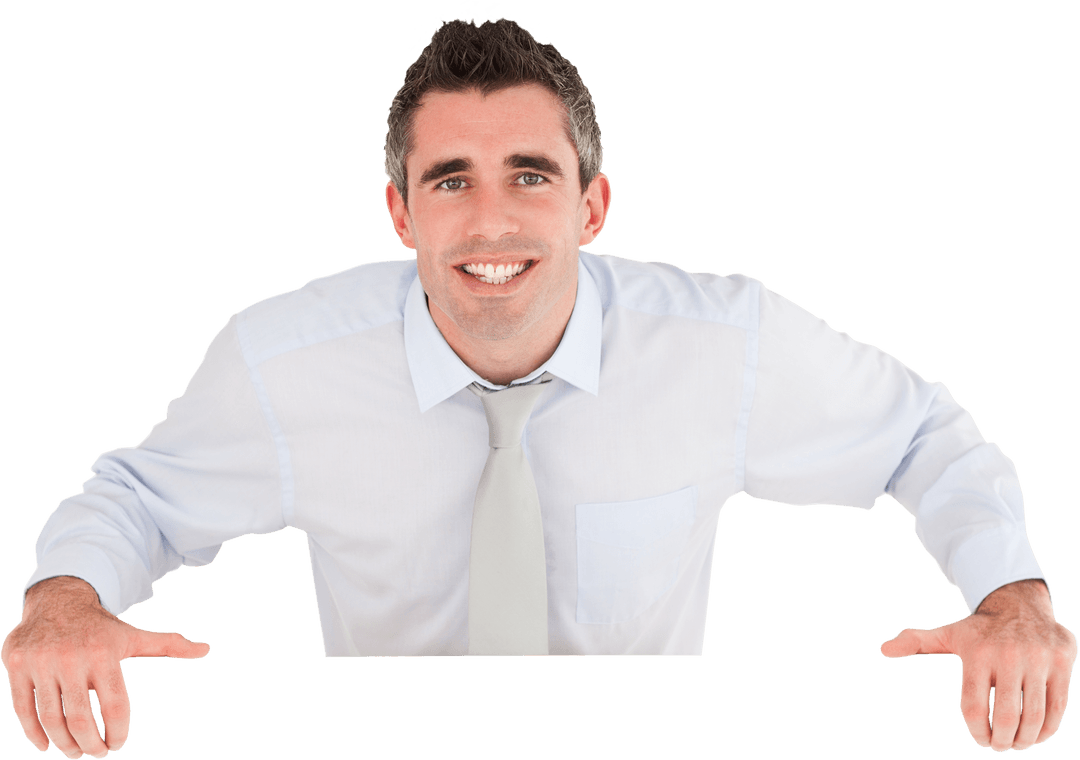 Businessman Showing Transparent Blank Card with Welcoming Smile
