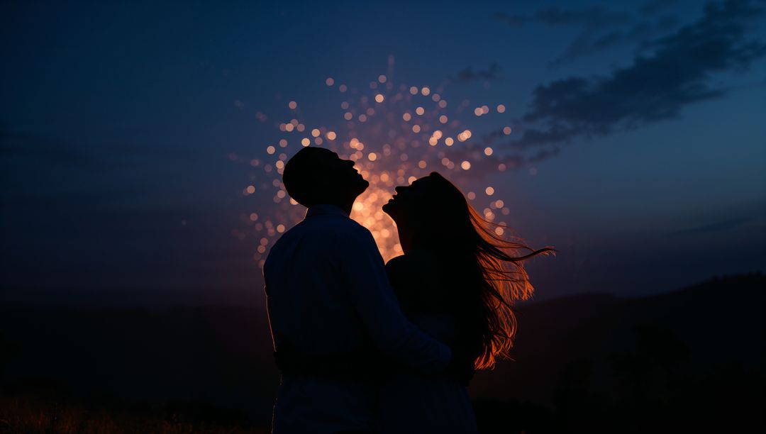 Silhouetted Couple Embracing at Twilight with Glowing Bokeh Lights