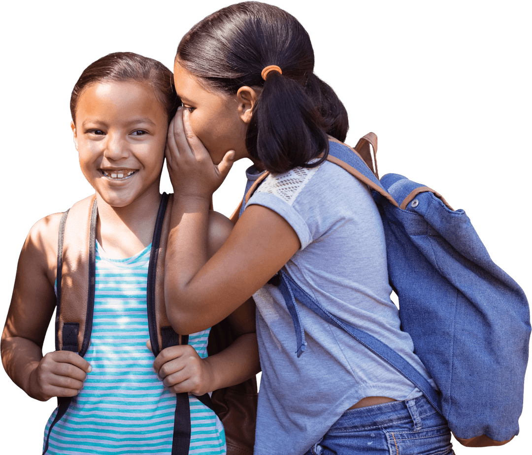 Transparent Two Girls with Backpacks Whispering Fun Secrets