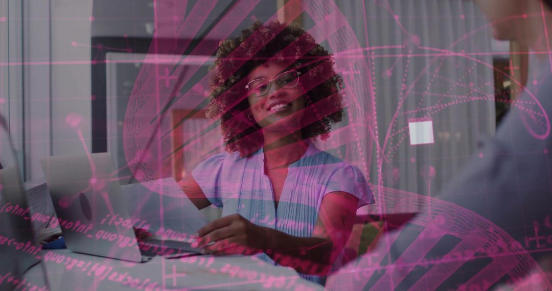 Data Analyst Woman Presenting Innovative Digital Network in Modern Office