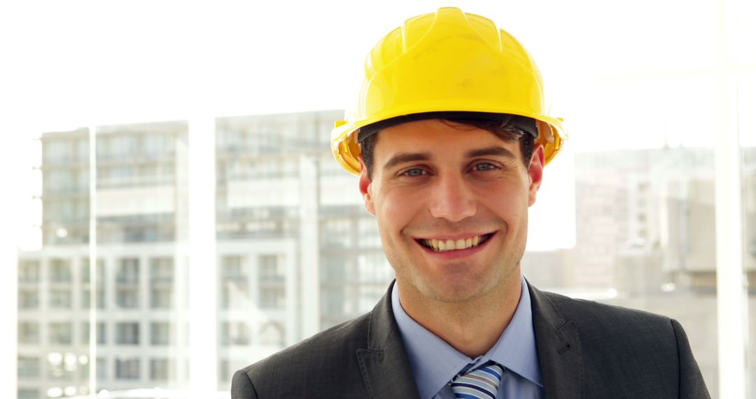 Confident Young Architect in Yellow Hard Hat Smiling - Free Images, Stock Photos and Pictures on Pikwizard.com