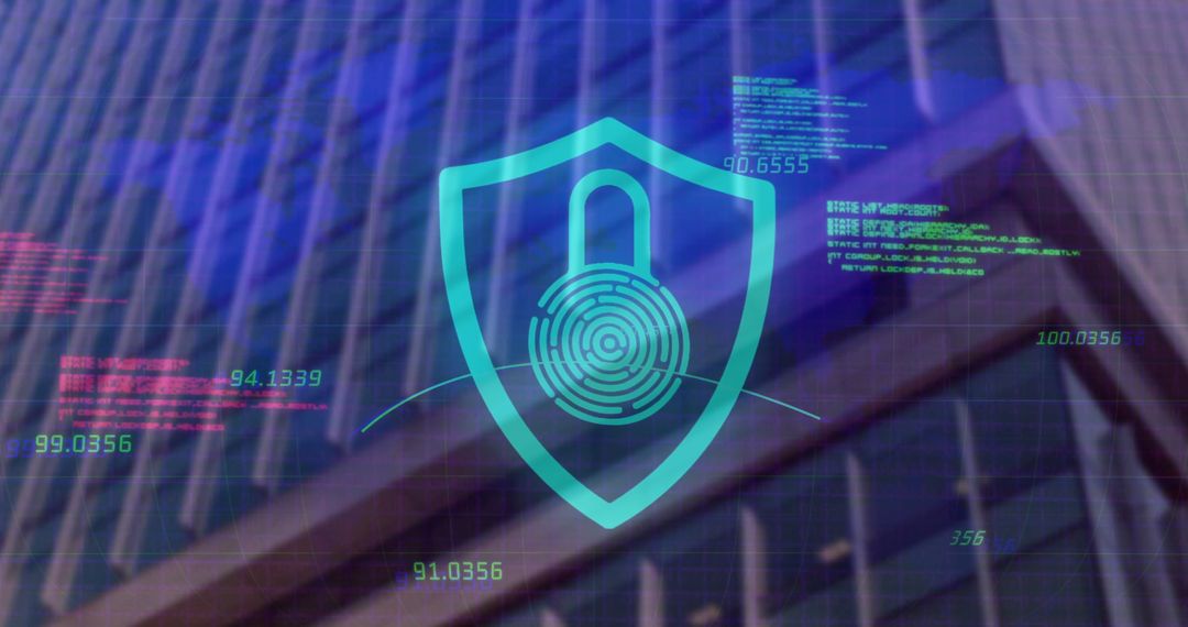 Digital Security Shield Overlay on Urban Skyscraper Background