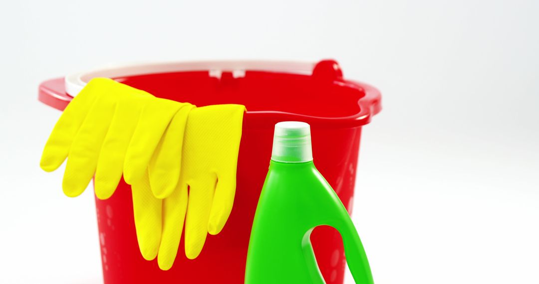 Cleaning Supplies with Red Bucket and Yellow Rubber Gloves - Free Images, Stock Photos and Pictures on Pikwizard.com