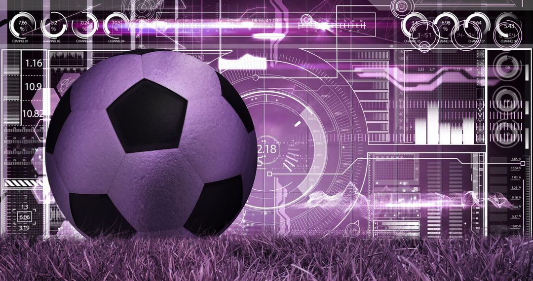 Football in Futuristic Digital Interface on Stadium Grass