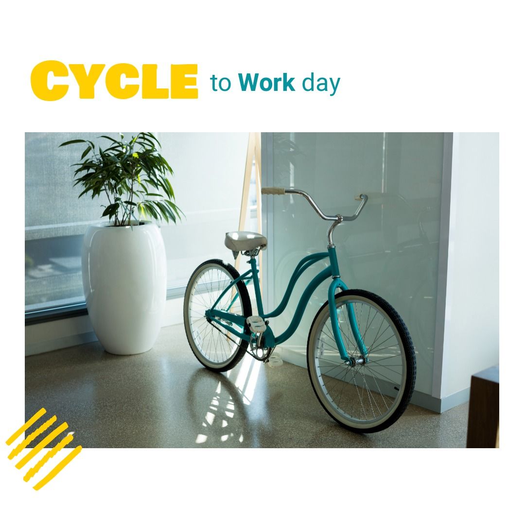 Digital composite image of bicycle by wall in office and cycle to work day text, copy space - Download Free Stock Templates Pikwizard.com