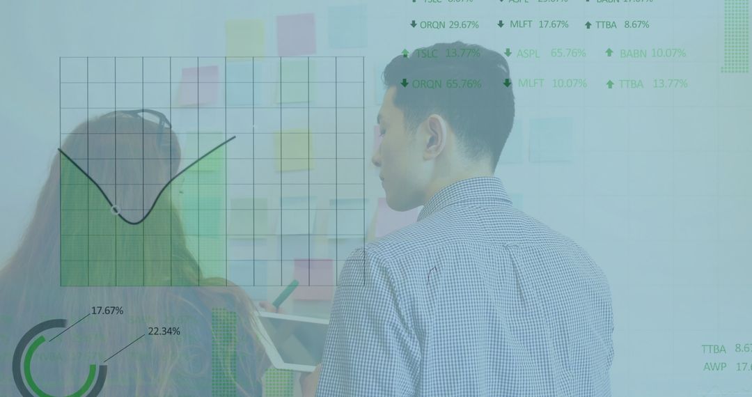 Office Team Discussing Data Analysis with Digital Overlay