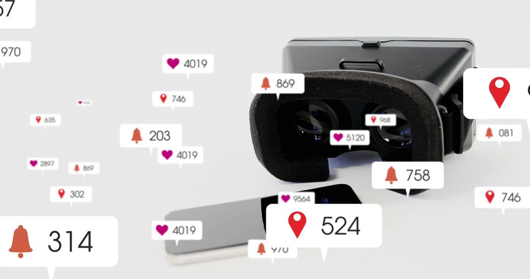 Virtual Reality Headset Surrounded by Social Media Icons and Notifications
