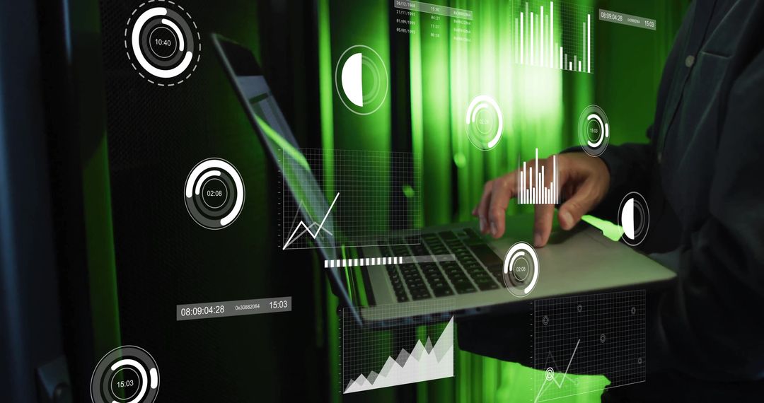 Data Analyst Working in Futuristic Server Room