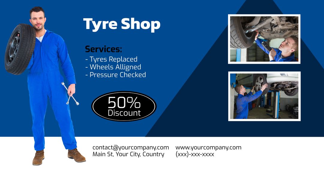 Mechanic Displaying Tire Services In Blue Uniform with Discount Offer - Download Free Stock Templates Pikwizard.com