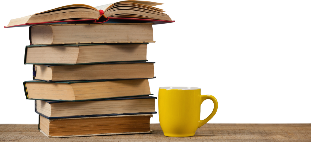 Stack of Opened and Closed Books by Yellow Mug on Transparent Background - Download Free Stock Images Pikwizard.com