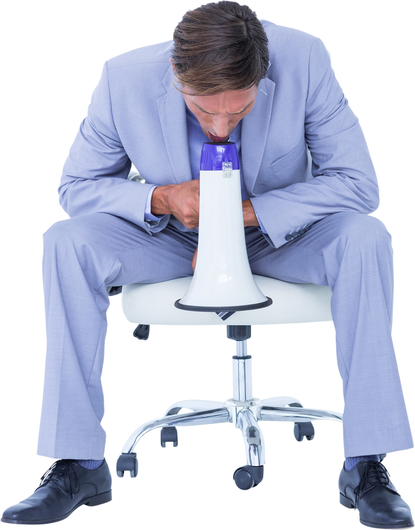 Handsome Businessman in Suit Sitting Speaking Through Transparent Background Megaphone - Download Free Stock Images Pikwizard.com