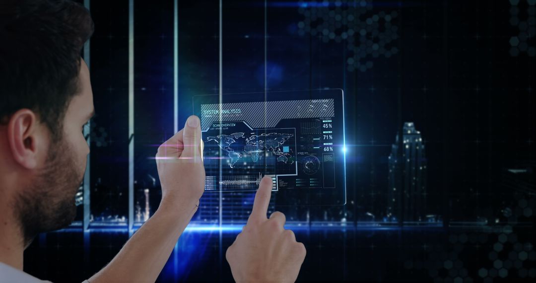 Person Using Holographic Tablet Interface in Futuristic Office