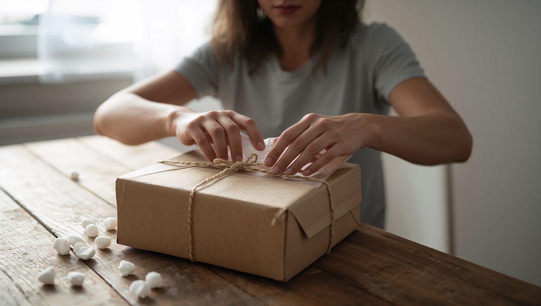 Woman Unwrapping Rustic Twine-Tied Parcel on Wooden Table with Packing Peanuts